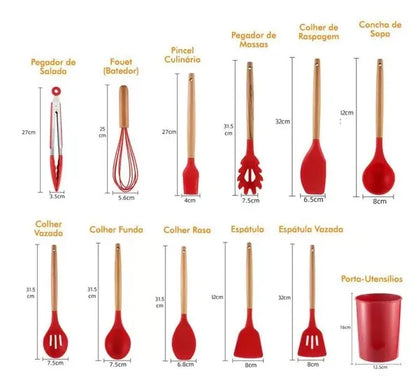 Kit com 12 Peças Utensílios De Cozinha Colheres Espátula Silicone Cabo Madeira Diversas Cores