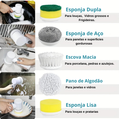 Escova de louça de Rotação Elétrica com 5 Escovas substituível, Escova de limpeza elétrica, Recarregável, 5 em 1