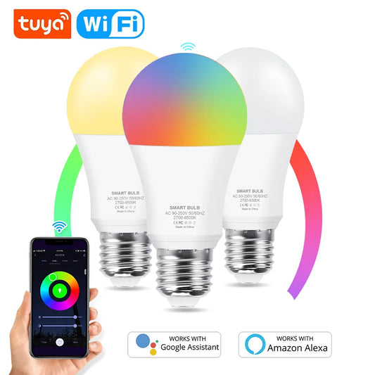 Lâmpada LED inteligente com Wi-Fi, RGB, CW, WW, Alexa, Compatível com o Google Assistente, Tuya Smart Life, Decoração, E27