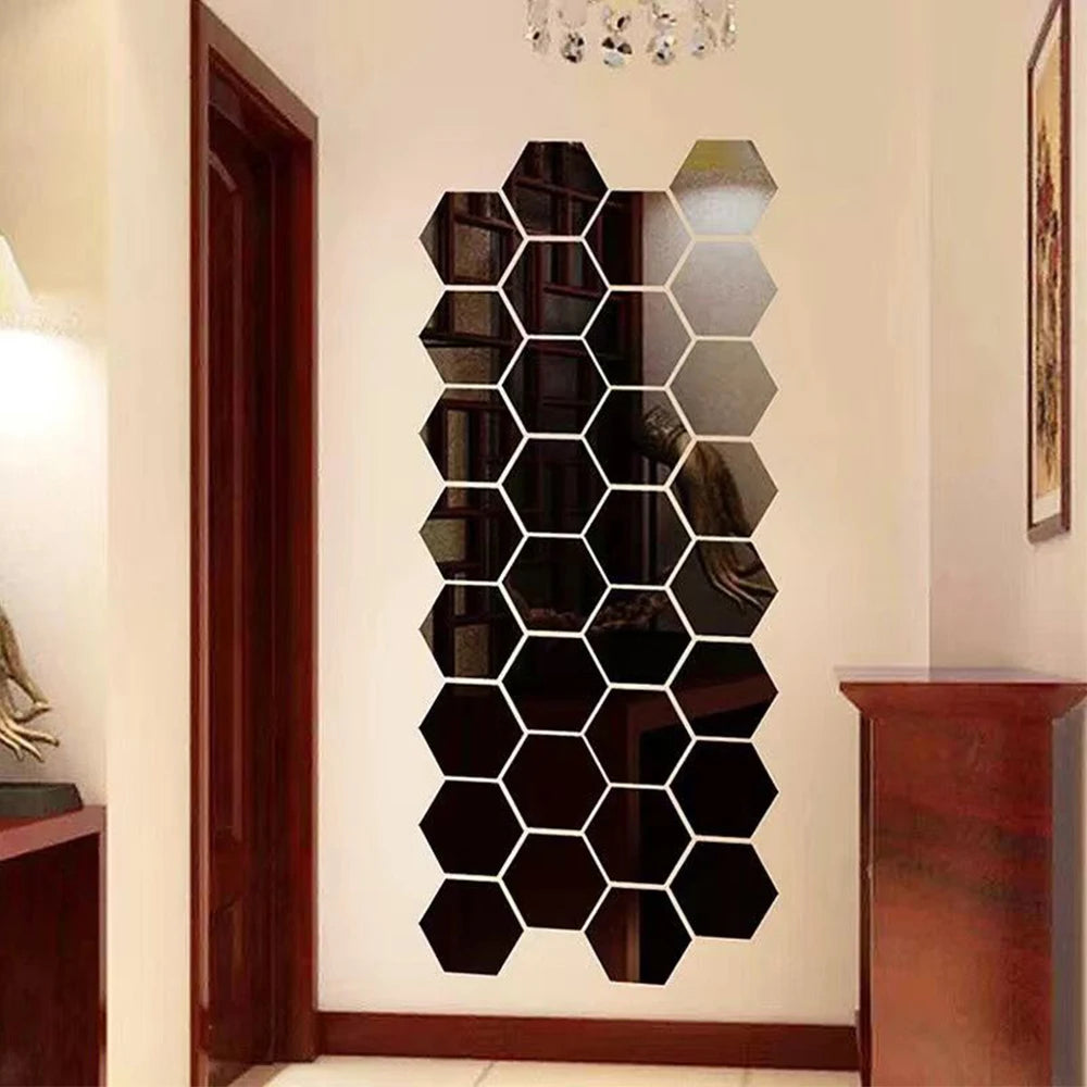 Espelho Hexagonal Auto-adesivo de Parede, removível, acrílicot, Decalque, Ornamento, Sala de estar, 6/12pcs